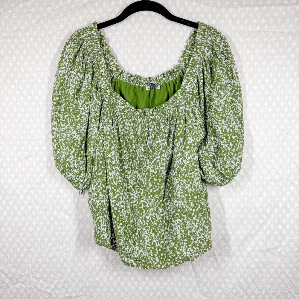 Abercrombie & Fitch Green White‎ Splattered Print Puff Sleeve Top
